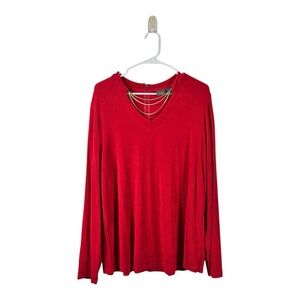 Chico’s Travelers Red V-Neck Gold Necklace Detail Long Sleeve Top